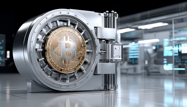 Futuristic vault with cryptocurrency
