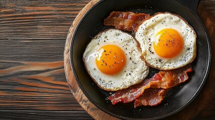 top view of two sunny-side up fried eggs with crispy bacon strips are served in a cast iron pan. Nutritious and healthy breakfast
