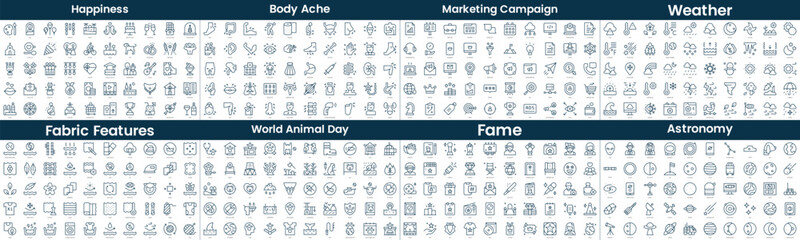 Linear Style Icons Pack. In this bundle include happiness, body ache, marketing campaign, weather, fabric features, world animal day, fame, astronomy