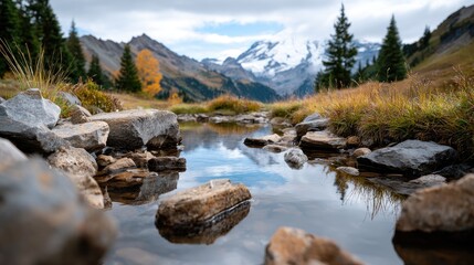 Snow-capped Mount Rainier is mirrored in a serene stream, framed by lush pine trees and grassy meadows on an overcast day