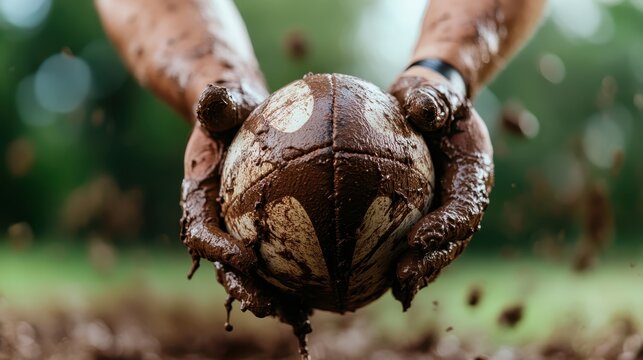 A close-up shot showcases muddy hands gripping a rugby ball, symbolizing hard work, determination, and the thrilling, raw energy that comes with participating in sports and teamwork. - Powered by Adobe
