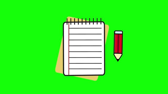 Pencil and notebook animation with green screen background. Perfect for chroma key use in educational and explainer videos.