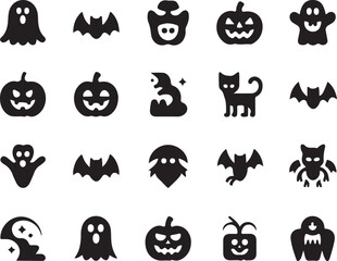 Twenty Black Halloween Icons Set Ghosts Bats Pumpkins Black Cat Spooky Symbols Collection Simple Flat Design Elements