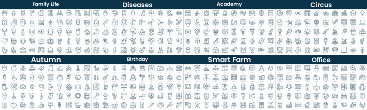 Linear Style Icons Pack. In this bundle include family life, diseases, academy, circus, autumn, birthday, smart farm, office