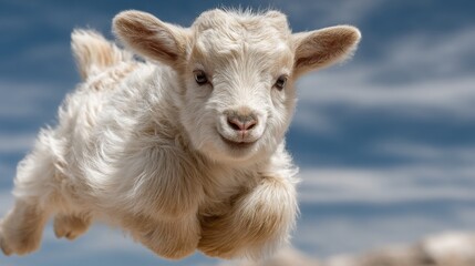 Obraz premium A young goat is captured mid-leap in a vibrant pasture. The animal displays energy and playfulness under clear blue skies, illuminating the idyllic countryside setting.