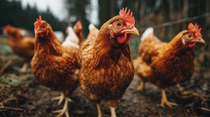 Fototapeta premium Several brown chickens explore the grassy area, pecking at the ground. The backdrop includes tall trees and a slight overcast sky, creating a serene farm atmosphere.