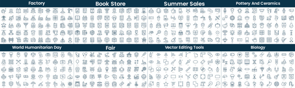 Linear Style Icons Pack. In this bundle include factory, book store, summer sales, pottery and ceramics, world humanitarian day, fair, vector editing tools, biology