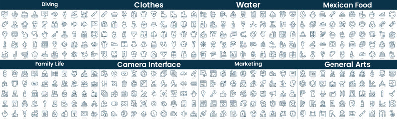 Linear Style Icons Pack. In this bundle include diving, clothes, water, mexican food, family life, camera interface, marketing, general arts