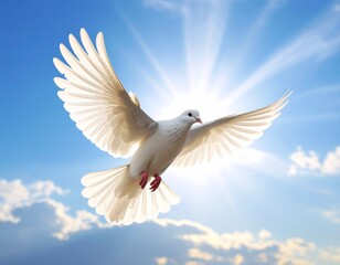 Fototapeta premium Heavenly image of a flying dove, representing purity, hope, and spiritual light against a vibrant sky backdrop.