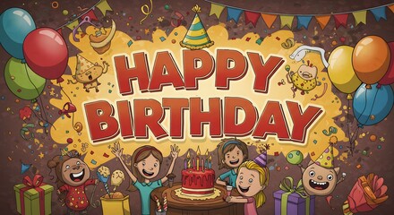 Cheerful Cartoon Birthday Celebration Kids, Cake, and Festive Fun