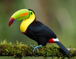  Jungle toucan with vivid green and red beak perched on mossy branch.