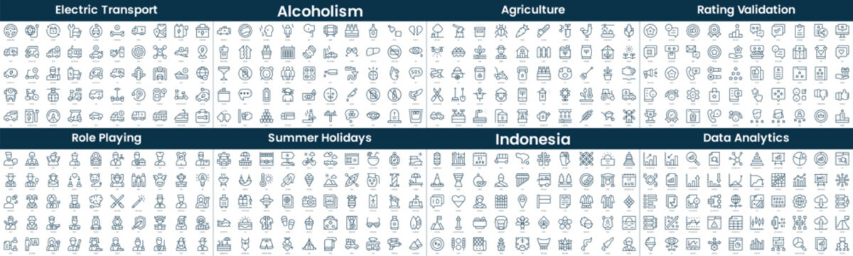 Linear Style Icons Pack. In this bundle include electric transport, alcoholism, agriculture, rating validation, role playing, summer holidays, indonesia, data analytics