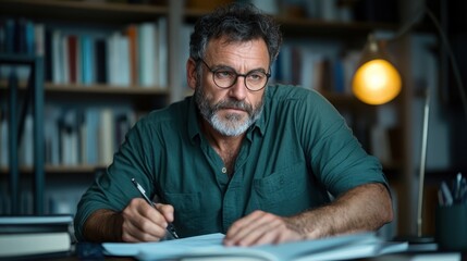 A thoughtful man sits in a warmly lit workspace, deeply focused on writing, with bookshelves in the background representing knowledge and creativity in his leisurely pursuit.