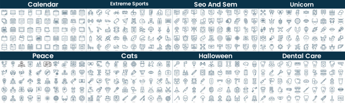 Linear Style Icons Pack. In this bundle include calendar, extreme sports, seo and sem, unicorn, peace, cats, halloween, dental care