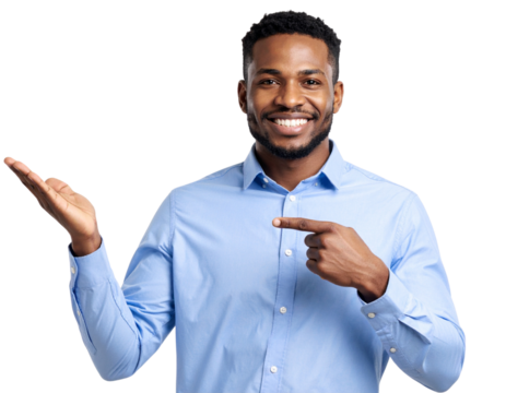 Handsome Male in Casual Blue Shirt Pointing, Transparent Background