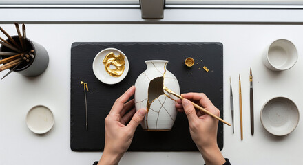An artful elegant overhead flat lay of a minimalist kintsugi workspace, with a broken vase, gold lacquer, and tools neatly arranged on a dark slate surface