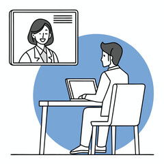 Fototapeta premium Young professional has a video call with female colleague while working at his desk