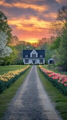 Fototapeta premium Rustic home at sunset, flower-lined drive