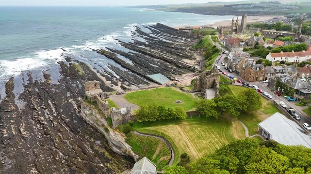 Drone shot of St Andrews Castle remains in Scotland, United Kingdom