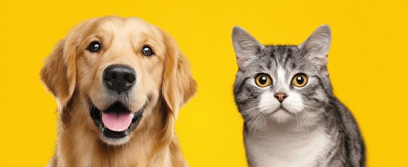 Fototapeta premium The Golden Retriever and Tabby Cat Smiling Together Against Bright Yellow Background