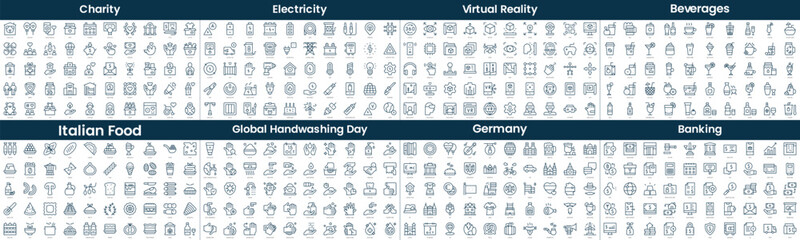 Linear Style Icons Pack. In this bundle include charity, electricity, virtual reality, beverages, italian food, global handwashing day, germany, banking