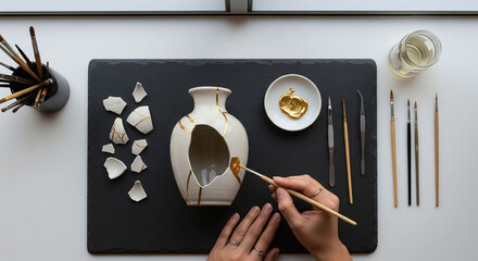 An artful elegant overhead flat lay of a minimalist kintsugi workspace, with a broken vase, gold lacquer, and tools neatly arranged on a dark slate surface