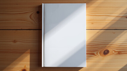 Blank hardcover book on wooden desk