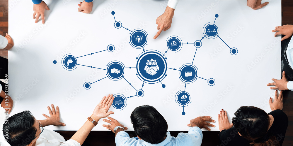 Poster a professional meeting scene showcasing diverse individuals engaged in discussion and collaboration 