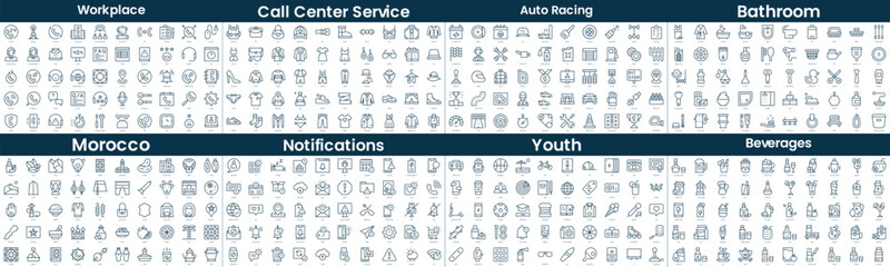 Linear Style Icons Pack. In this bundle include call center service, fashion, auto racing, bathroom, morocco, notifications, youth, beverages