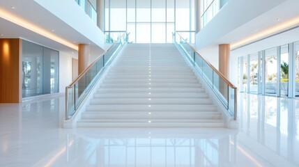 Fototapeta premium A spacious, well-lit atrium features a sleek, modern staircase that symbolizes elegance and design, creating a welcoming atmosphere in an upscale architectural setting.