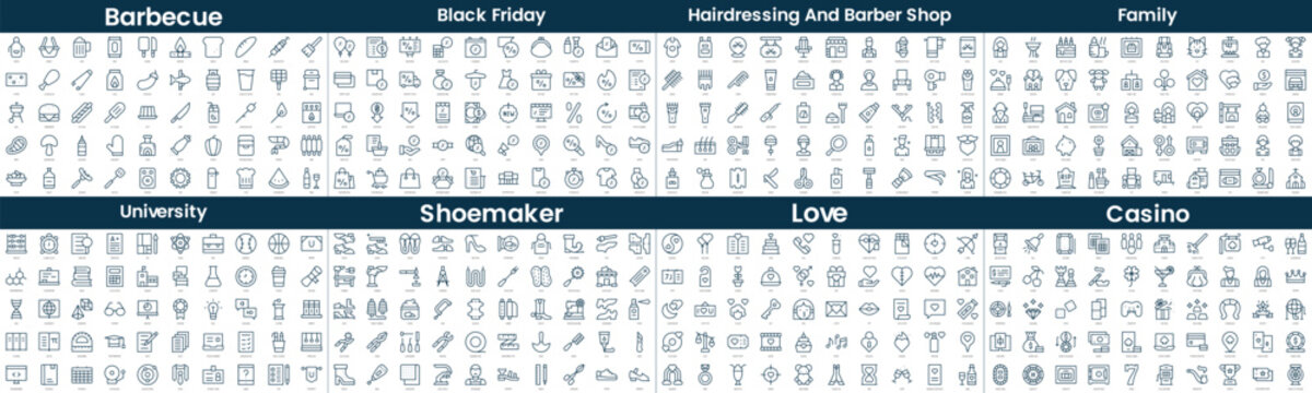 Linear Style Icons Pack. In this bundle include barbecue, black friday, hairdressing and barber shop, family, university, shoemaker, love, casino