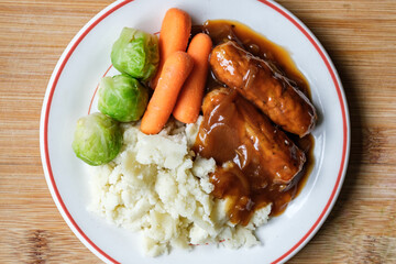  Classic Bangers And Mash With Carrots and Brussel Sprouts Vegetables