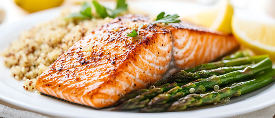 Grilled Salmon with Asparagus and Quinoa on a Plate