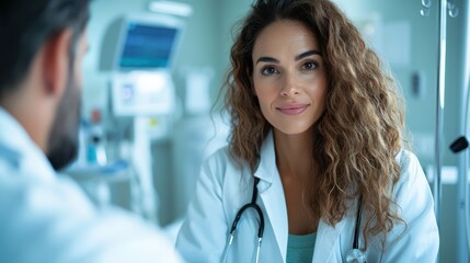 A healthcare professional with a warm smile engages in a compassionate conversation, highlighting the importance of patient care and effective communication in a clinical setting.