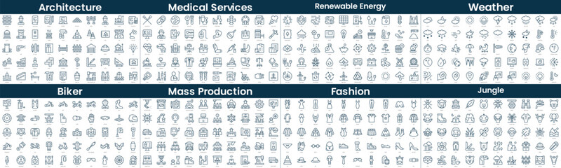 Linear Style Icons Pack. In this bundle include architecture, medical services, renewable energy, weather, biker, mass production, fashion, jungle