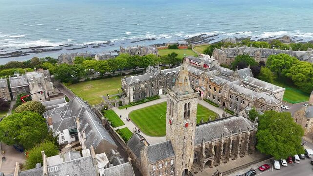 Aerial footage of The University of St Andrews in Scotland, United Kingdom