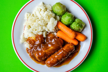  Classic Bangers And Mash With Carrots and Brussel Sprouts Vegetables