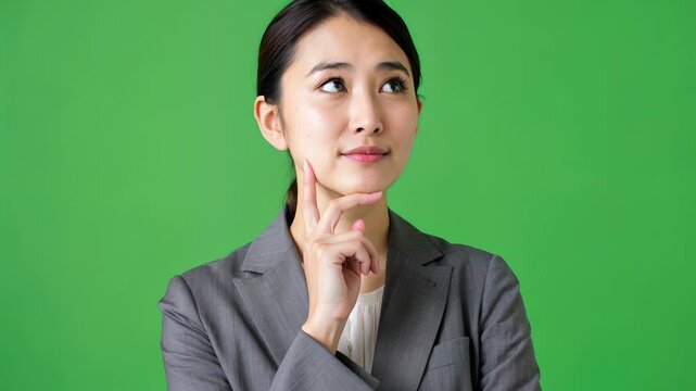 Asian businesswoman adopting a reflective pose with her hand on her chin against a green background.