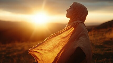 A serene woman in a hijab stands silhouetted against a spectacular sunset, with warm golden hues reflecting her peaceful expression and connection to nature and spirituality.