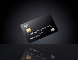 A digital image of a black payment card against a dark, reflective surface that creates a mirror image underneath.