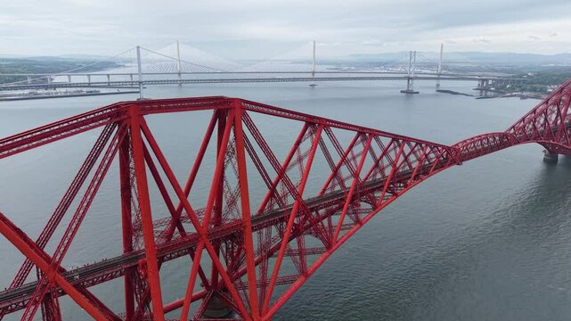 Aerial view of the Forth Bridges across Firth of Forth, Scotland, United Kingdom