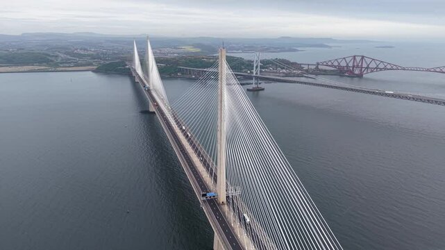 Drone shot of Forth Bridges over Firth of Forth in Scotland, UK