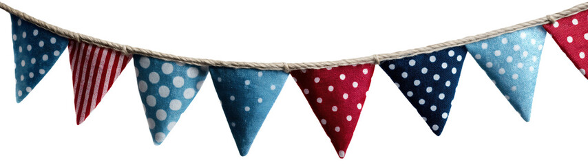Obraz premium Bunting banner with polka dot pennant flags hanging on rope, party wedding decoration shabby chic cottage png.