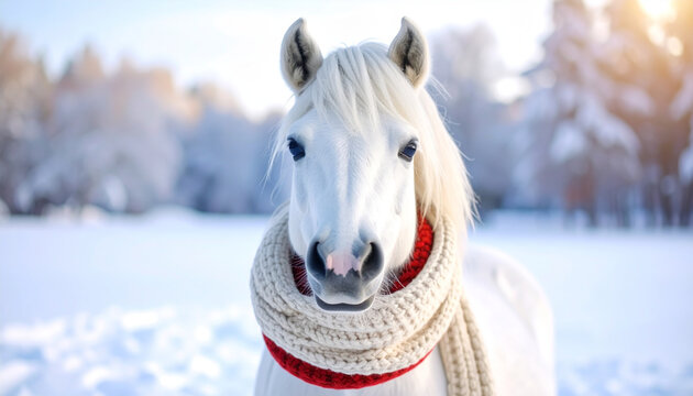 Close-up of a cute white cartoon pony in a snowy landscape