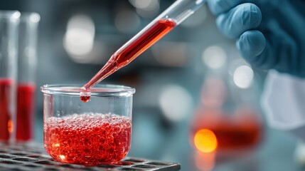 A person wearing gloves is using a pipette to transfer a deep red liquid into a beaker containing bubbling red solution. The setting is a laboratory filled with glassware.