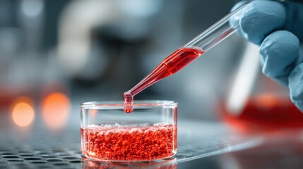 A laboratory technician in blue gloves carefully uses a pipette to add a liquid to a glass container filled with a red solution. Brightly lit lab environment enhances the focus on the experiment.