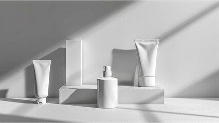 Photorealistic mockup of cosmetic and food packaging: bottle, pouch, and box on neutral background with shadows.Illustrated with Ai.