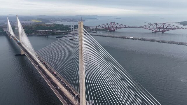Aerial footage of all three Forth Bridges in Scotland, United Kingdom