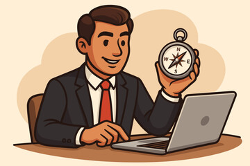 Businessman in Suit Holding Compass at Laptop Desk, Concept of Strategic Direction, Leadership, Business Guidance, Decision Making, Corporate Planning, Vector Cartoon Illustration