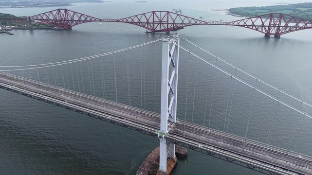 Drone view of Forth Road Bridge across Firth of Forth, Scotland, United Kingdom